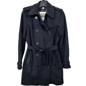 Burberry London Black Double Breasted Trench Coat Belted Wool Blend Women Size 4